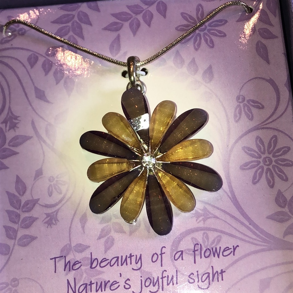 Daisy Flower Pendant Silver Tone Necklace - Brown & Tan Shimmer